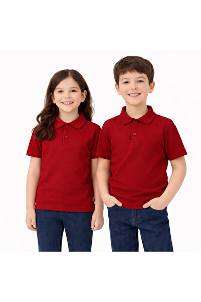 Stero Bordo Okul Tişörtü Unisex Kısa Kollu Polo Yaka Pamuklu Düz Renk