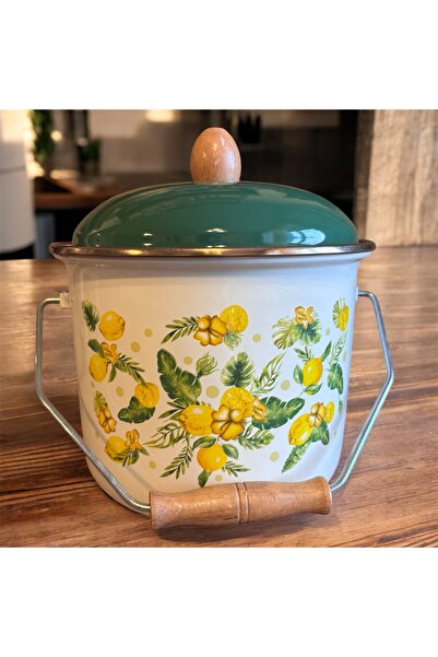 ALEV EMAYE 3 Litre Emaye Bakraç –Limon desenli Ahşap Kulplu, Kapaklı Yoğurt m...