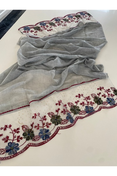 Bohemian Gray Embroidered and Stone-Embellished Organic Cotton Imported Shawl