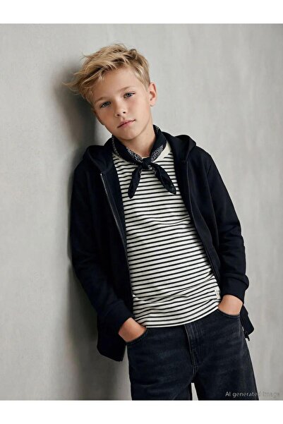 LC Waikiki Hanorac negru cu glugă și fermoar pentru băieți tricou (S6)