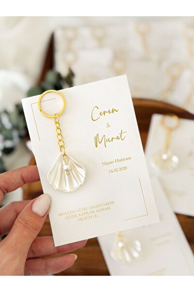 Gami Handmade Davetiyeli İncili İstiridye Anahtarlık söz, nişan nikah kına özel gün hediyelik organizasyon-15 adet