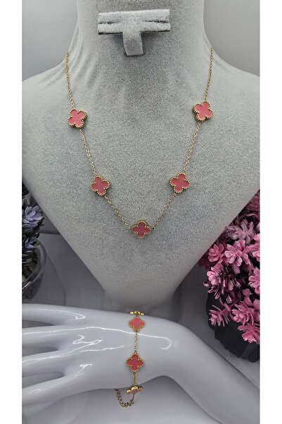 ahsenaksesuar2025 Büyük Boy Pembe Van Cleef Yonca Model Gold Renk Paslanmaz Ç...