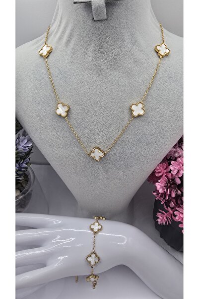 ahsenaksesuar2025 Büyük Boy Beyaz Van Cleef Yonca Model Gold Renk Paslanmaz Ç...