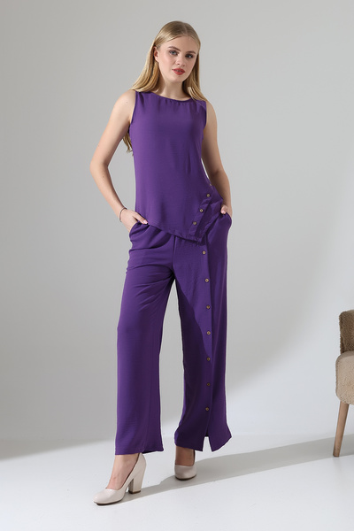 lubiti Sleeveless Wooden Buttoned Asymmetrical Blouse and Trousers Set