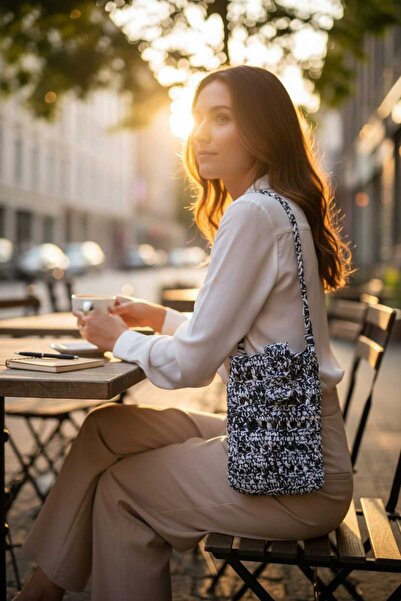 Tokuşka Raffia Knitted Cover Double Color Cross Shoulder Phone Bag