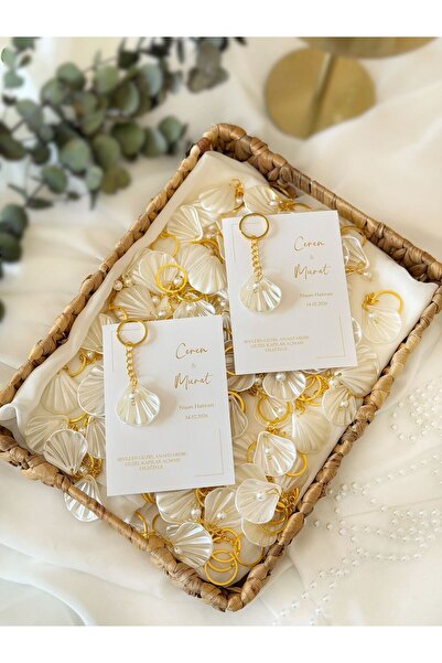 Gami Handmade Davetiyeli İncili İstiridye Anahtarlık söz, nişan nikah kına özel gün hediyelik organizasyon-15 adet