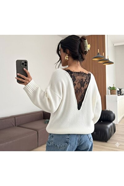 Modayakamoz Pulover tricotat pentru femei, cu dantelă la spate și detaliu tra...