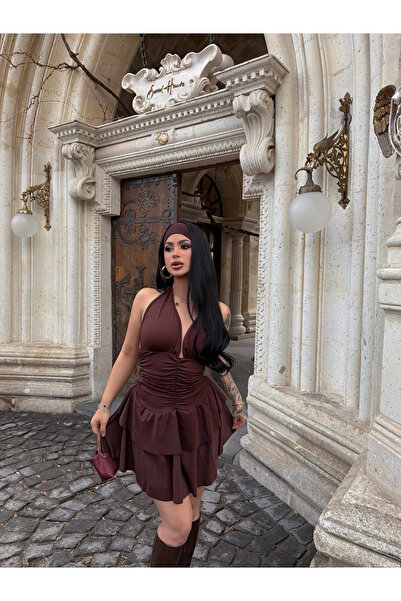 kırmızı butiks Kahve Boyundan Geçmeli Drapeli Elbise