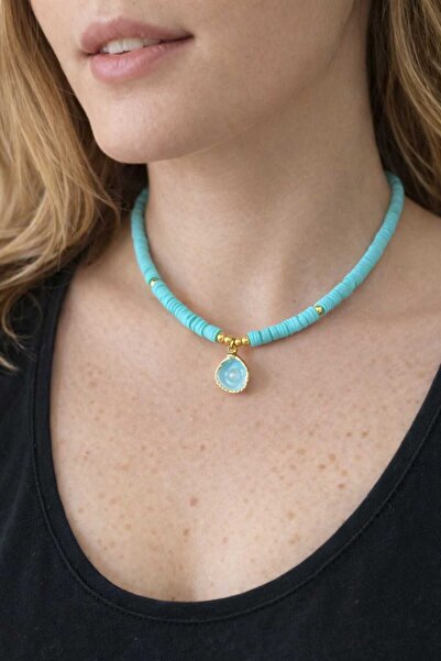 EL YAPIMI Altın Kaplama İncili Midye Turkuaz Fimo Kolye
