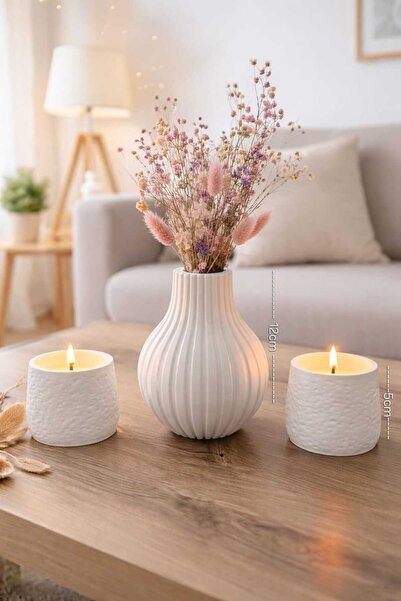 DNZ DEKOR Nordic Glow Set – Beyaz Beton Mum & Vazo Minimal Modern Ev Dekoru