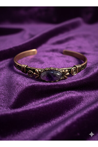 Meneva Aksesuar Ametist Taşlı Antik Bakır Kelepçe Bileklik