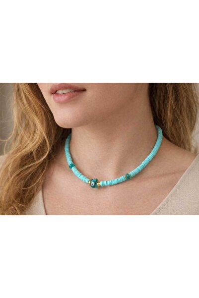 EL YAPIMI Cam Nazar Boncuklu Turkuaz Fimo Kolye