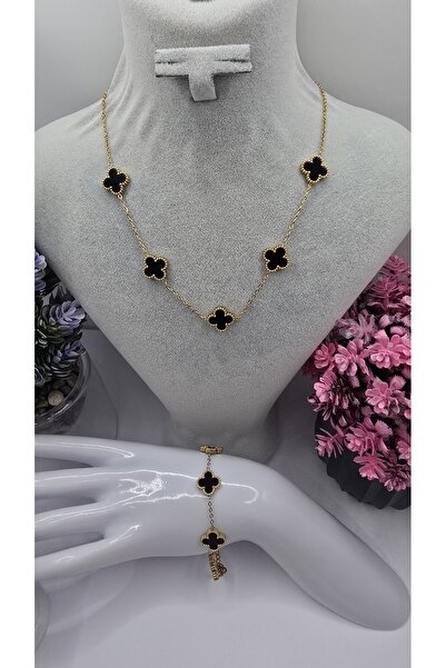 ahsenaksesuar2025 Büyük Boy Siyah Van Cleef Yonca Model Gold Renk Paslanmaz Ç...