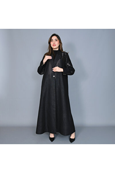 HAWRAA ABAYA A-line blazer-style abaya in black linen fabric