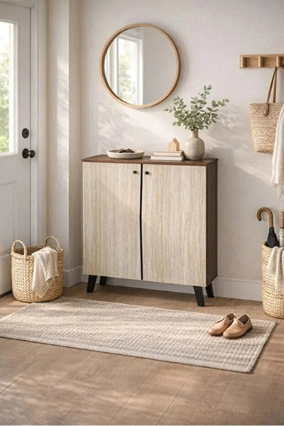 Arnohome A dark brown and beige shoe cabinet with a simple and modern design,...