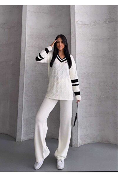 Azra Moda Style New Season Striped Double Knit Detail Knitwear Set for Women