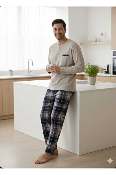 Butik Erkek Bej Uzun Kollu Pamuklu Ekose Desenli Düğme Detaylı Pijama Takımı