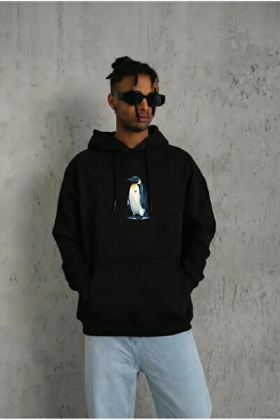 Turega Style Black Oversize Hoodie - Back Printed Survivor Penguin Themed, Ph...