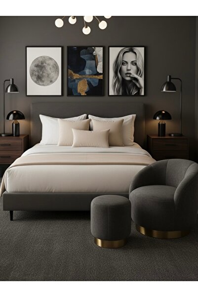 JACA 3'lü Keten Kumaş Dekoratif Yatak Runner & 3 Adet İç Dolgulu Yastık Kırle...