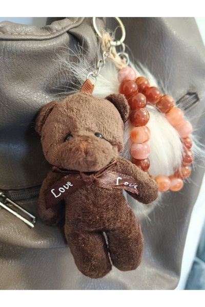 chibi Brown Cute Teddy Bear & Pompom & Bead Design Bag Charm Gift Accessory K...