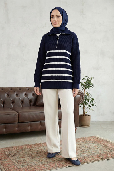 MODAQU Zippered Striped Knitwear Sweater - Navy Blue