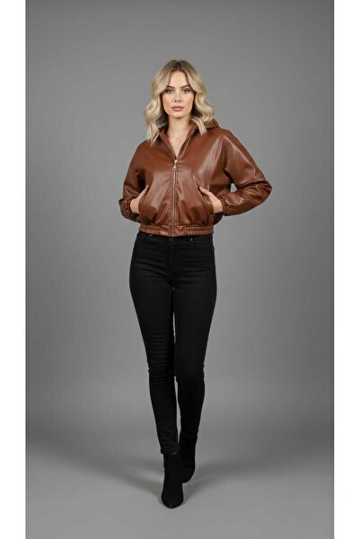 Azra Moda Style New Season Waist Elastic Detail Hooded Leather Jacket Women