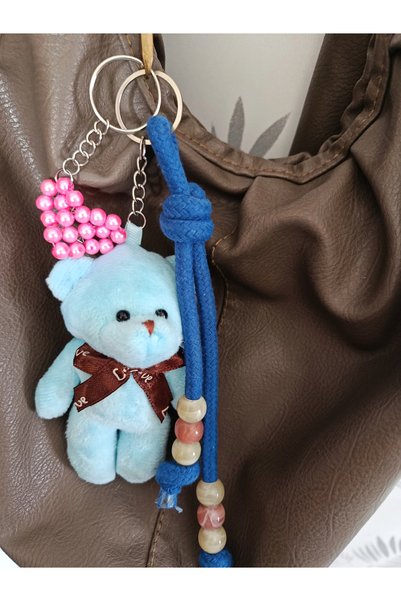 chibi Blue Cute Teddy Bear & Pink Heart Design Bag Charm Gift Accessory Keychain