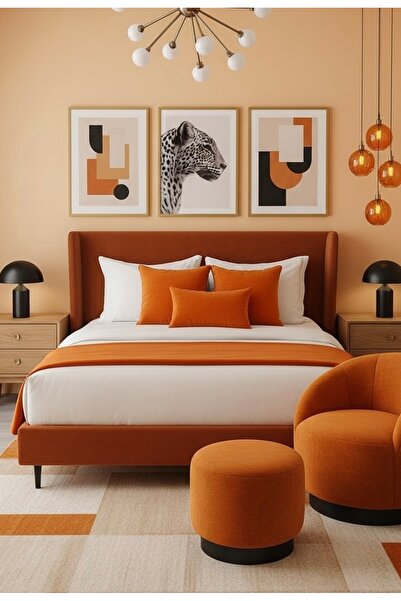 JACA 3'lü Keten Kumaş Dekoratif Yatak Runner & 3 Adet İç Dolgulu Yastık Kırle...