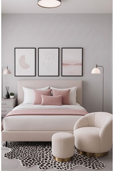 JACA 3'lü Keten Kumaş Dekoratif Yatak Runner & 3 Adet İç Dolgulu Yastık Kırle...