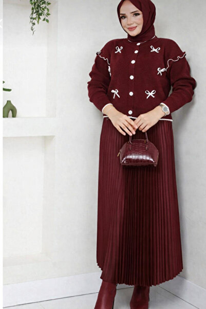 Nursay Bow Detailed Knitwear Cardigan Pleated Skirt Set