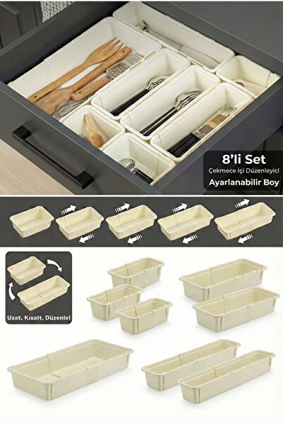 Funny Life 8-Piece Adjustable Spoon Holder Set Beige - Extendable Drawer Modu...