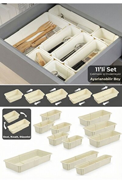 Funny Life 11-Piece Adjustable Spoon Holder Set Beige - Extendable Drawer Mod...