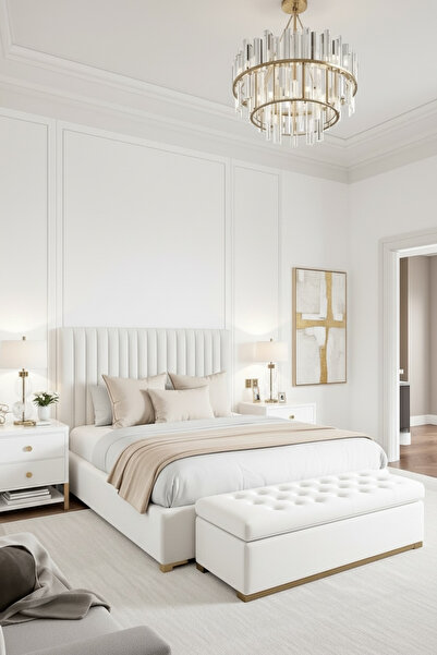 JACA 4'lü Kadife Kumaş Dekoratif Yatak Runner & İç Dolgulu Yastık Kırlent Seti