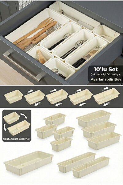 Funny Life Set of 10 Adjustable Spoon Holders Beige - Extendable Drawer Modul...
