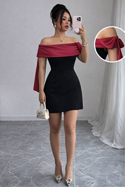 Monapera Kadın Madonna Yaka Fiyonk Detaylı Mini İthal Krep Elbise