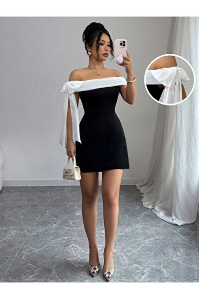 Mostpera Kadın Madonna Yaka Fiyonk Detaylı Mini İthal Krep Elbise