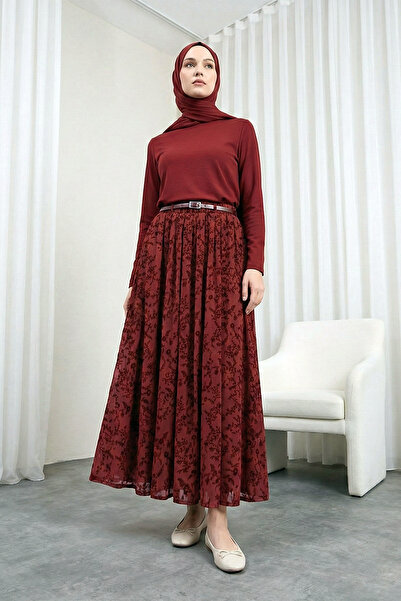 MODAQU Embossed Pattern Belted Lined Organza Skirt - Burgundy