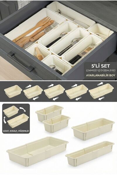 Funny Life 5-Piece Adjustable Spoon Holder Set Beige - Extendable Drawer Modu...