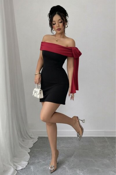 Women's Madonna Collar Bow Detailed Mini Imported Crepe Dress