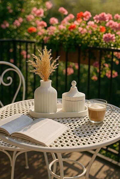 Nacario Nrcrioshop 3-Piece White Decorative Set – Striped Vases, Candle Holde...