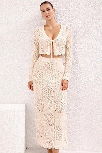 TOFAN TRİKO Tie-Up Openwork Knitted Beach Suit