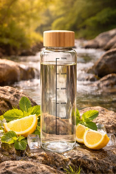 Tilbe Home Bambu Kapaklı Cam Matara Sporcu Suluğu Taşınabilir Su Şişesi 700 m...