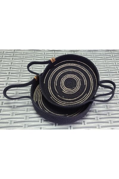 Nacario Nrcrioshop Wicker 2-Piece Knitted Tray Basket Jute Striped Black Cord...