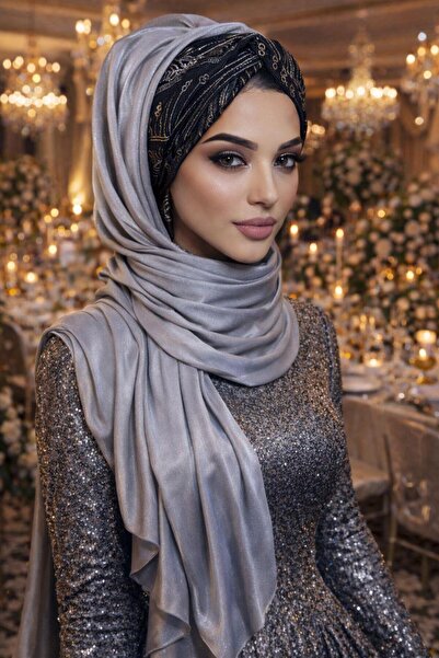 Aişe tesettür Gümüş Siyah Burgulu Abiye Şal