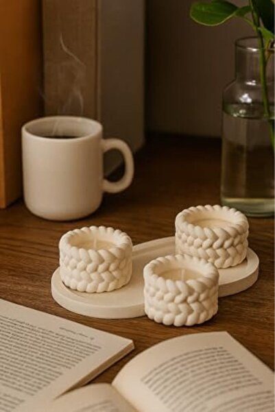 Yıldızan brkshop Örgü Desenli 3’lü El Yapımı Mumluk Seti – Tealight Uyumlu Mo...