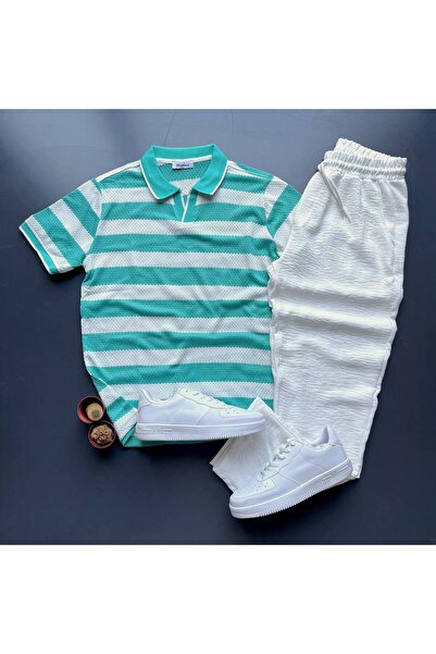 giyimadam16 Men's Honeycomb Fabric T-Shirt Baggy Linen Trousers Set of 2