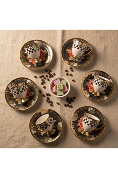 Nacario Nrcrioshop 6-Person Footed Porcelain Turkish Coffee Cup Set - Black a...