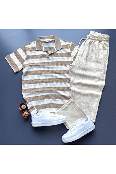 giyimadam16 Men's Honeycomb Fabric T-Shirt Baggy Linen Trousers Set of 2