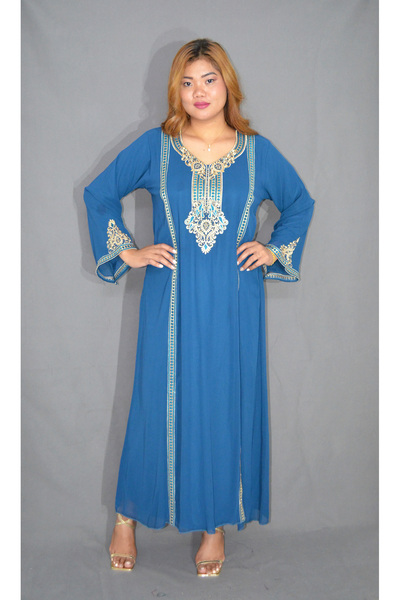 Zainah Embroidered Chiffon Kaftan Jalabiya - Round Neck Long Sleeve Modest Dr...