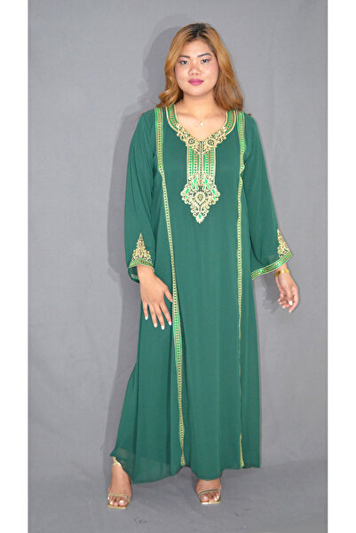Zainah Embroidered Chiffon Kaftan Jalabiya - Round Neck Long Sleeve Modest Dr...